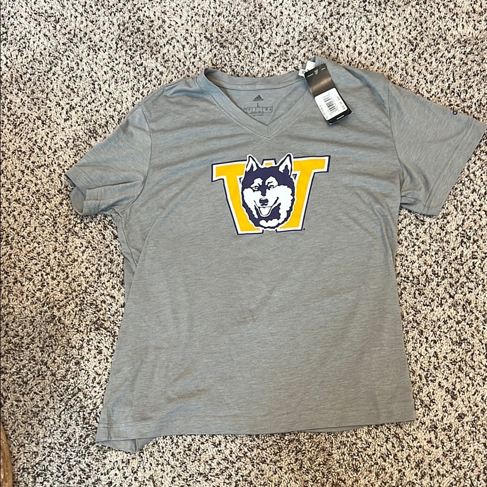 NWT University of Washington Huskies Adidas V neck tee. Size Large.